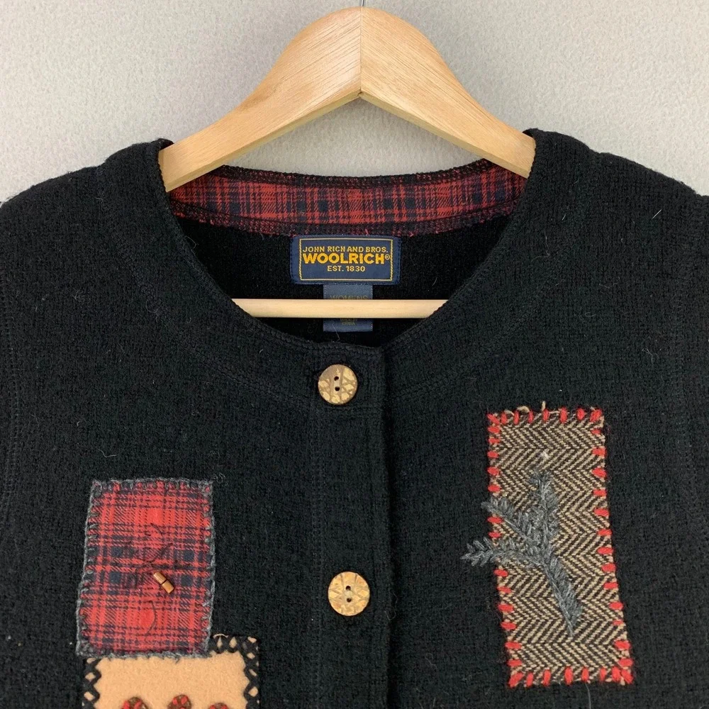 Woolrich Vest Women Medium Black Cabin Moose Patchwork Wool Sweater Cottagecore